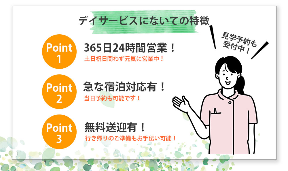 デイサービスにないての特徴 Point1 365日24時間営業！ 土日祝日問わず元気に営業中！ Point1 急な宿泊対応有！ 当日予約も可能です！ Point3 無料送迎有！ 行き帰りのご準備もお手伝い可能！