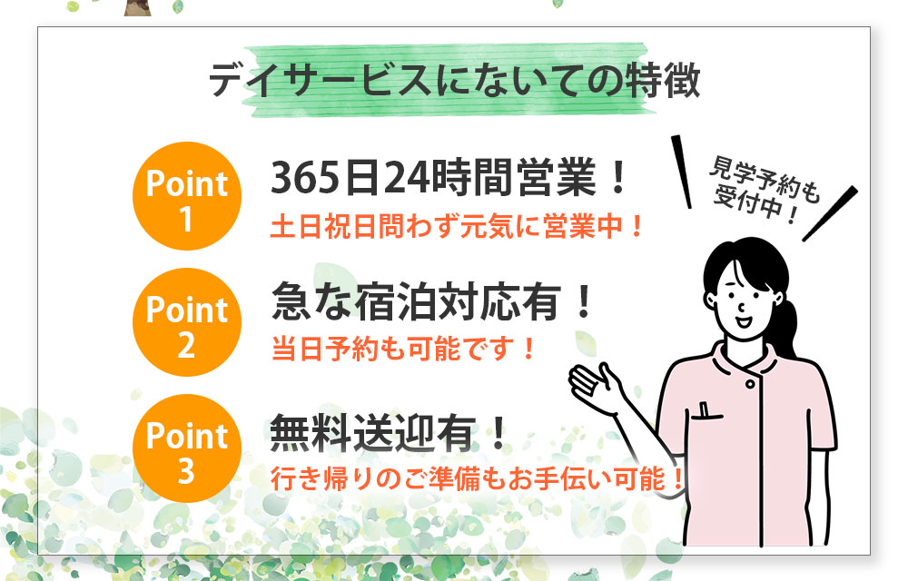 デイサービスにないての特徴 Point1 365日24時間営業！ 土日祝日問わず元気に営業中！ Point1 急な宿泊対応有！ 当日予約も可能です！ Point3 無料送迎有！ 行き帰りのご準備もお手伝い可能！